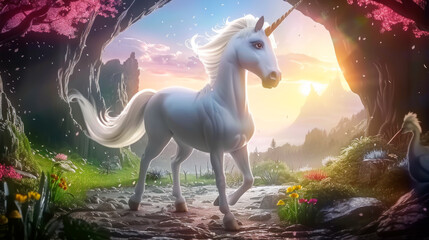 Fototapeta premium Cartoonish unicorn in vivid colored flowering meadow