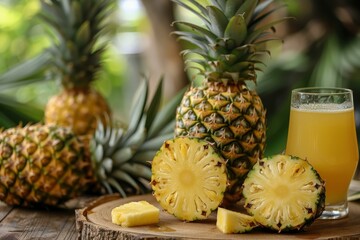 Refreshing pineapple juice and assortment of fruits beautifully arranged on a rustic wooden table