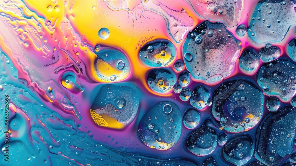 Poster abstract iridescent macro background of oil drops on water surface.