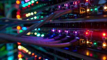 Obraz premium Detailed View of Ethernet Cables Connected to Illuminated Server