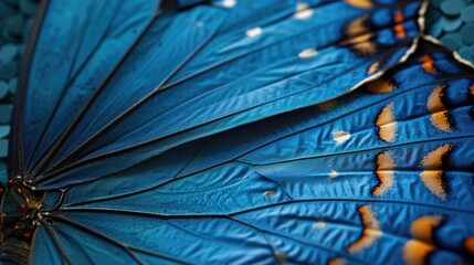 Close-up shot of blue butterfly wings showcasing intricate details and vivid colors.