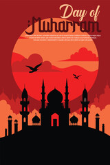 Ashura Day Muharram Day Mosque Palm Trees and Red Sky  Illustration