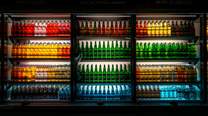 Cold bottles of beer in supermarket refrigerator
