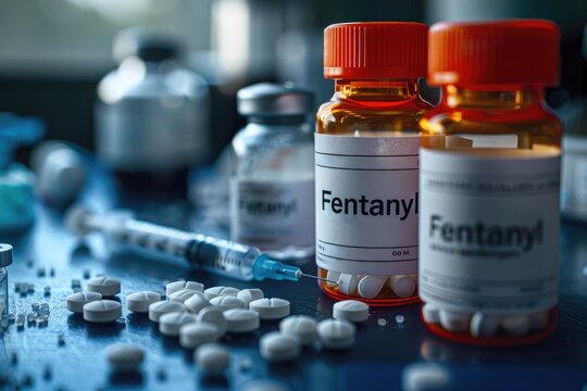 Fentanyl drug and syringe. Fentanil is opioid used as a pain medication and for anesthesia.