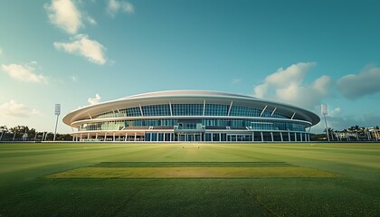 3D render of a large modern football stadium with green grass and blue sky