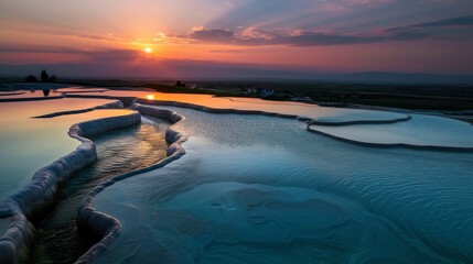 Obraz premium Sunset Over The Cascading Thermal Pools of Pamukkale