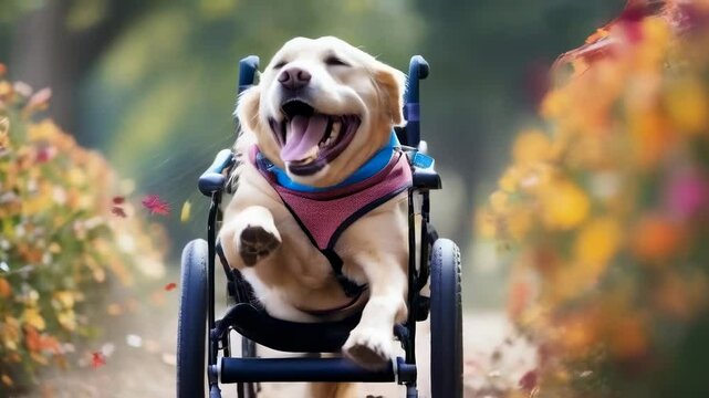 A joyful brown dog in a pink harness uses a wheelchair in a vibrant park. Surrounding trees showcase autumn foliage, and colorful leaves float around. The scene exudes warmth and happiness.