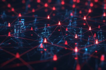 This detailed network grid illustrates interconnected nodes in red and blue, symbolizing robust digital communication