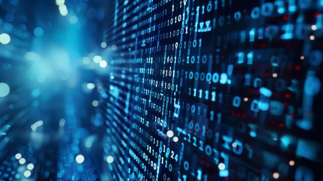 Animated word tag cloud in 4K, Natural Language Processing, animation of text design. A Matrix style binary computer code is moving from zero to one, abstract future design.