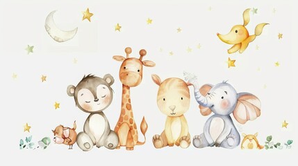 Naklejka premium Isolated on white background, cute animals participating in an adventure at night. Children's party of friends. Cute poster. Watercolor illustration for the children's room.