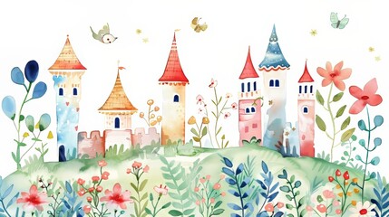 Fototapeta premium An illustration for a card, border, banner or your other design. A cute little castle on the hill. Summer meadow. Illustration for a card, border, banner or your other design.