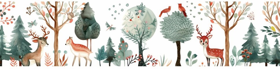 A cute watercolor forest with a big tree. A view of the forest landscape. A beautiful park. A seamless pattern that runs horizontally.