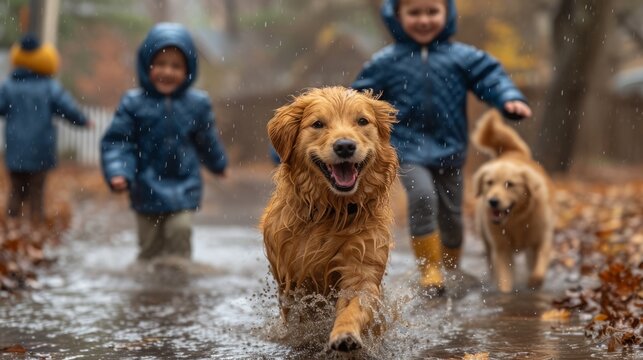 A lively dog delighting in play with kids under the rain, skittering through puddles, wet and joyful. A joyful outdoor adventure frozen in a moment of pure bliss.