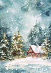 Naklejka premium Stunning winter landscape with house and trees against a snowy sky. Gouache illustration. Norway.