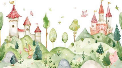 Watercolor fairytale landscape. A cute castle amidst hills and rocks. Fairy forest. Dreams. Horizontal background. Seamless pattern. Bunnies on a fairy-tale adventure.