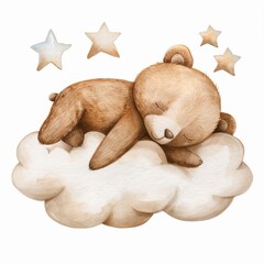 Fototapeta premium Illustration of a little bear sleeping on a cloud in watercolor. It can be used as an invitation, party invitation, baby shower invitation, or poster. Vintage.
