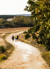 Obraz premium Backpackers walking camino de santiago spiritual journey