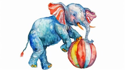 Obraz premium Elephant on a ball. Watercolor illustration of a circus elephant.