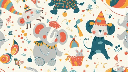 A circus show with a big elephant, a mouse, a cute bear, a funny bunny, and a juggling cat. Vintage seamless pattern.
