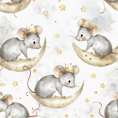 A cute mouse on the moon among the stars. A mouse with a balloon. A seamless watercolor pattern. A childish background.
