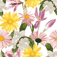 Seamless floral pattern with daisy, lilies flowers on white background. Template design for textiles, interior, clothes, wallpaper. Botanical art.