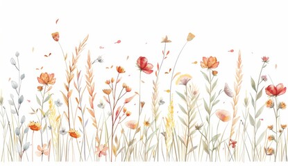 Wildflower and herb watercolor illustration. Horizontal seamless pattern illustration for cards, borders, banners or other designs. Vintage style.
