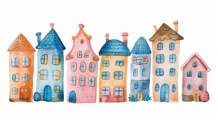 Fototapeta premium Illustration of a cityscape with cute buildings isolated on a white background in watercolor.