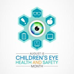 Children's Eye health and safety month is observed every year in August, it encourages parents to learn how to protect their child's eyesight. Vector illustration