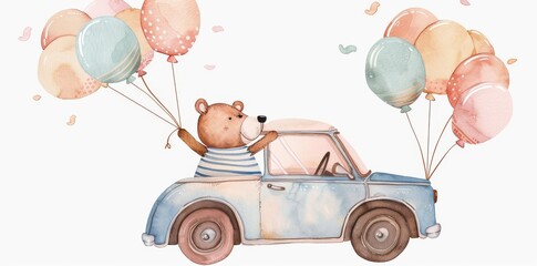 Children's decor. Landscape with car and flower bush. Illustration of a bear riding in a sports car.