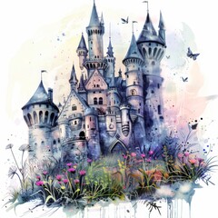 Obraz premium Watercolor little castle and cute flowers on white background. Summer meadow. Illustration for cards, borders, banners, or any other design. Cute little city. Summer adventure.