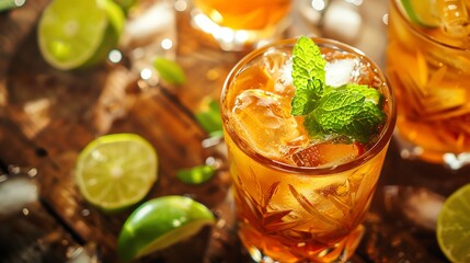 A glass of iced tea with mint and lime.