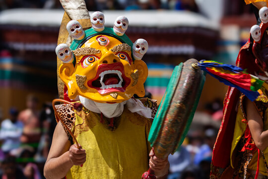 A colorful mask dance and drum beating being performed at Hemis Monastery at Leh, Ladakh India.