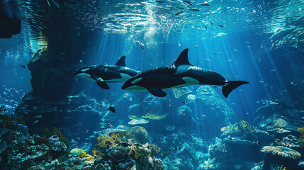 Sea World Themed Background Underwater Aquatic Landscape, Orca Whale. 
