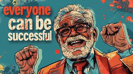 Obraz premium An elderly man joyfully raises his fists, symbolizing success. Inspirational quote 'everyone can be successful' floats above him, capturing motivation and achievement in a single image