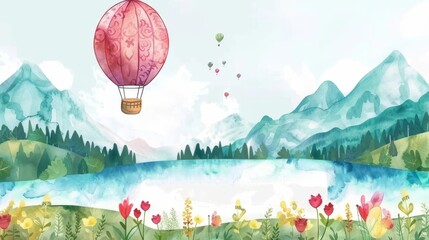 Fototapeta premium This cute landscape has a lake, trees, and mountains. Repeating watercolor pattern. Horizontal banner.
