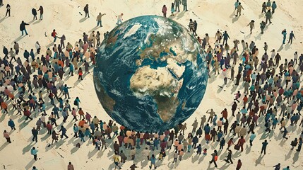 A large group of people from all over the world come together to form the shape of the globe.