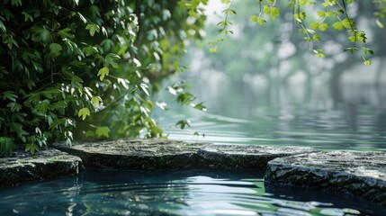 Podium with foliage near water with ripples