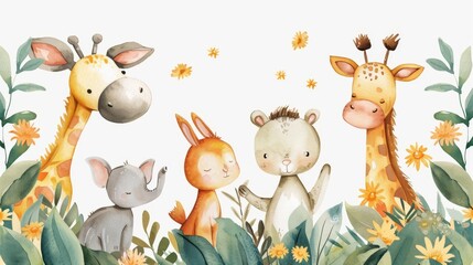Obraz premium Children's party of friends in a night adventure. Cartoon design for the children's room. Watercolor illustration on white background.