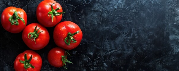 Fresh red tomatoes on a dark background with salt and pepper. Ideal for culinary themes, food blogs, or fresh produce promotions. 