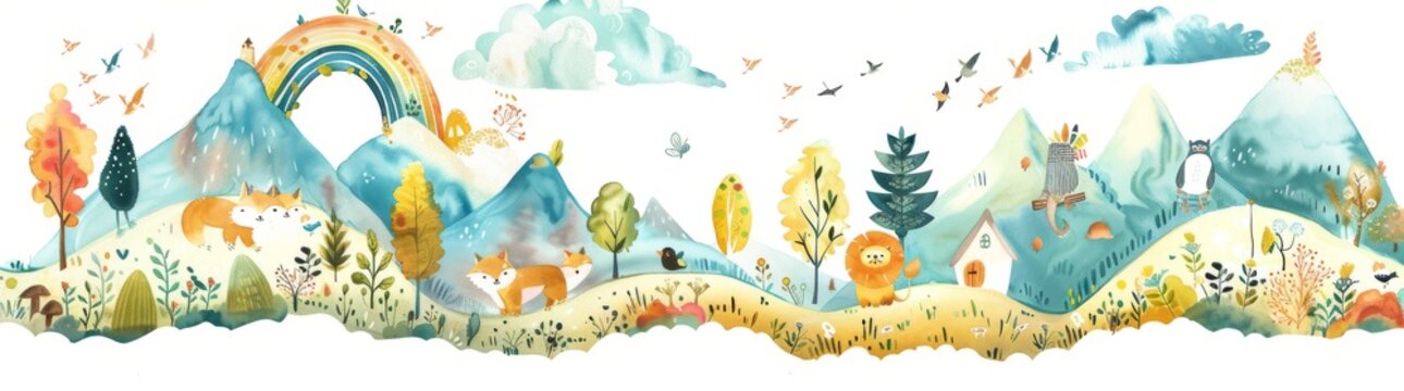 Fototapeta Watercolor illustration of landscape, hills, trail, isolated house, mountains, lake, ship, clouds, and cars. Children's horizontal poster with horizontal border.