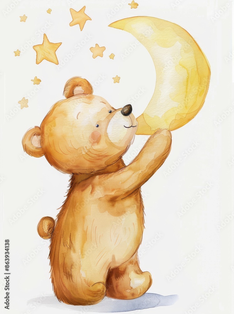 Wall mural A little bear watching the moon from afar. Watercolor poster for kids. - Wall murals