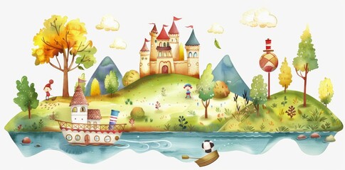 Obraz premium Watercolor illustration showing sea, hills, mountains, beautiful old castle, big trees, and animals.