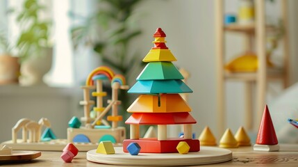 Exciting wooden toys for kids! These toys help children learn and grow. The umbrella toy helps with balance, the pyramid teaches colors, and the logic toys encourage problem-solving.