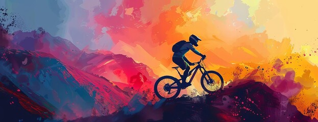 Birds-eye view silhouette of a mountain biker, low angle shot, vibrant sunset backdrop, digital illustration in vivid hues, dynamic and action-packed composition