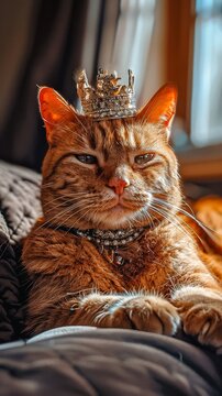A ginger cat wearing a crown, exuding nobility while sitting in a brightly lit room