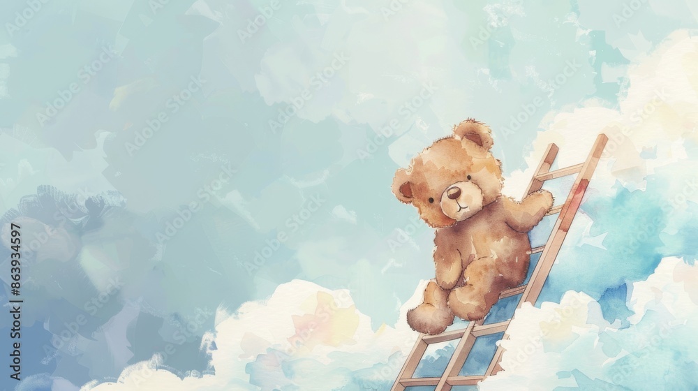 Wall mural children's room decoration. watercolor illustration of a stuffed animal on a ladder among clouds. ca