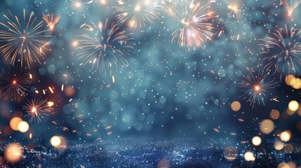 Fototapeta premium A vibrant display of fireworks lighting up the night sky with colorful explosions and bokeh lights, creating a festive atmosphere.