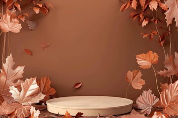 3D podium with autumn leaves on brown background, beauty product presentation scene