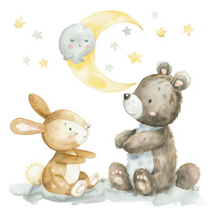 Naklejka premium Adorable bear and bunny reading under the moon, heartwarming woodland illustration, perfect for children's designs, isolated on transparent background