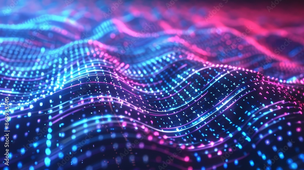 Poster digital data transmission and future internet technology shown as flowing binary code waves